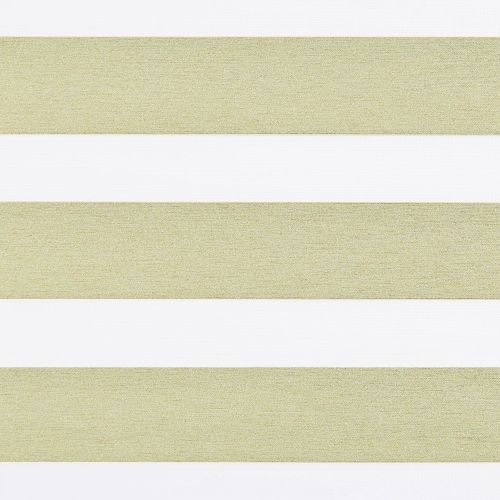 Dual-layer zebra roller blind across a window, featuring wide textured beige opaque bands alternating with sheer white stripes; aligned to partially filter light, suggesting a bright, minimal interior.