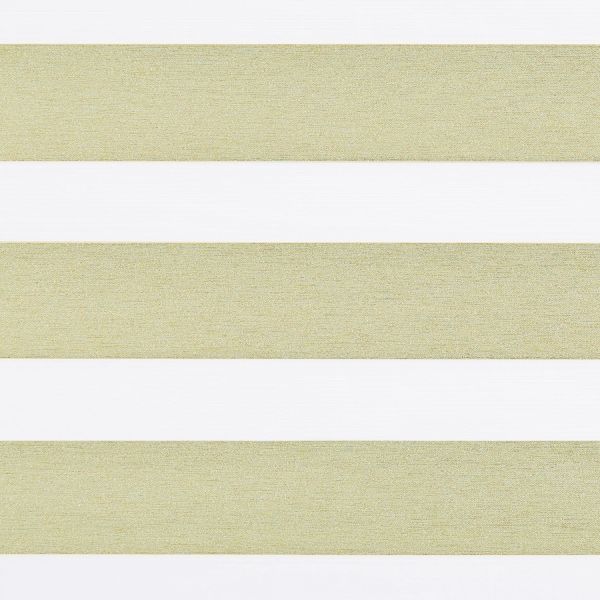 Dual-layer zebra roller blind across a window, featuring wide textured beige opaque bands alternating with sheer white stripes; aligned to partially filter light, suggesting a bright, minimal interior.