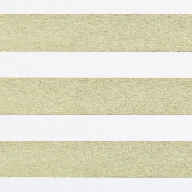 Dual-layer zebra roller blind across a window, featuring wide textured beige opaque bands alternating with sheer white stripes; aligned to partially filter light, suggesting a bright, minimal interior.