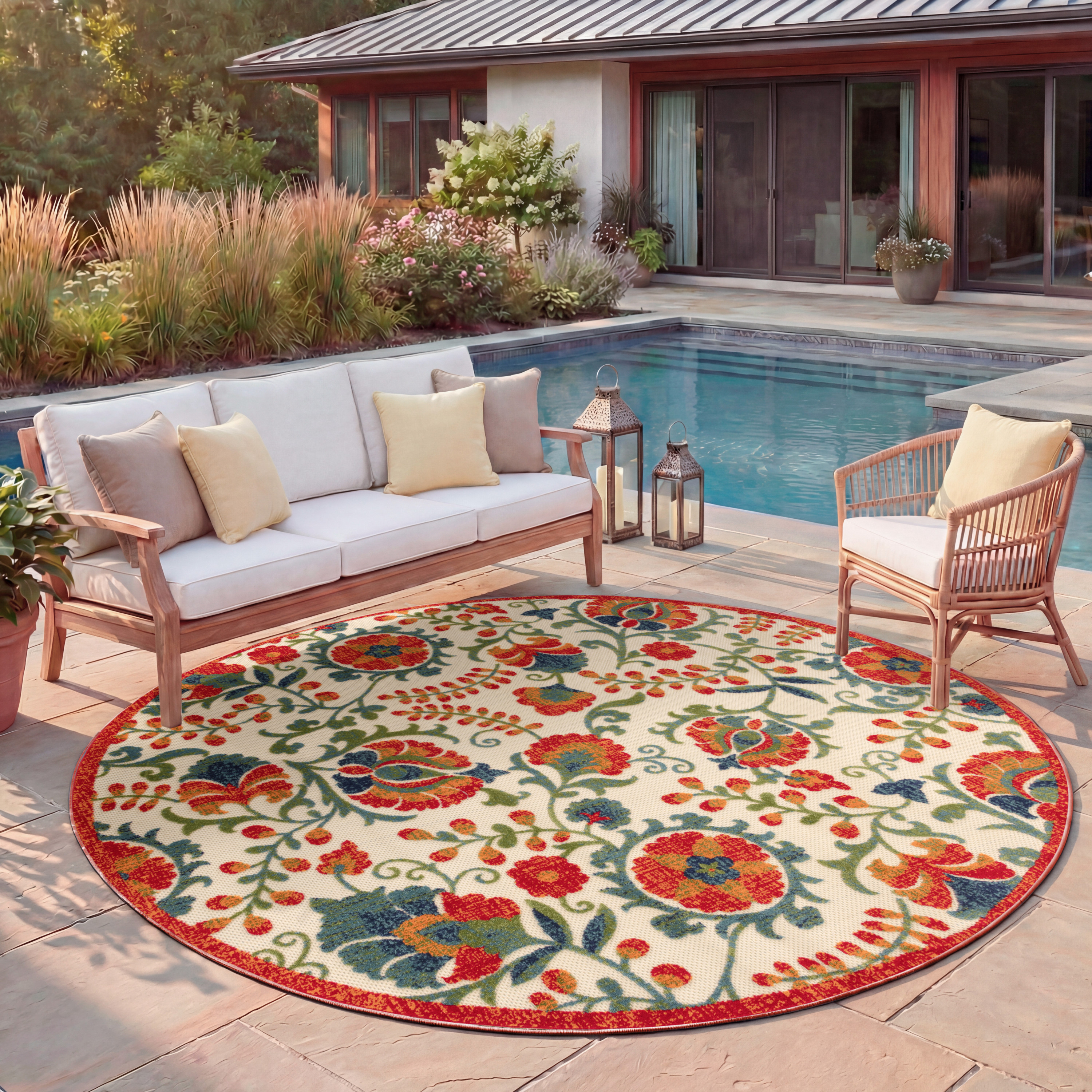 Nourison Aloha 7'10" x Round Red Multicolor Farmhouse Rug