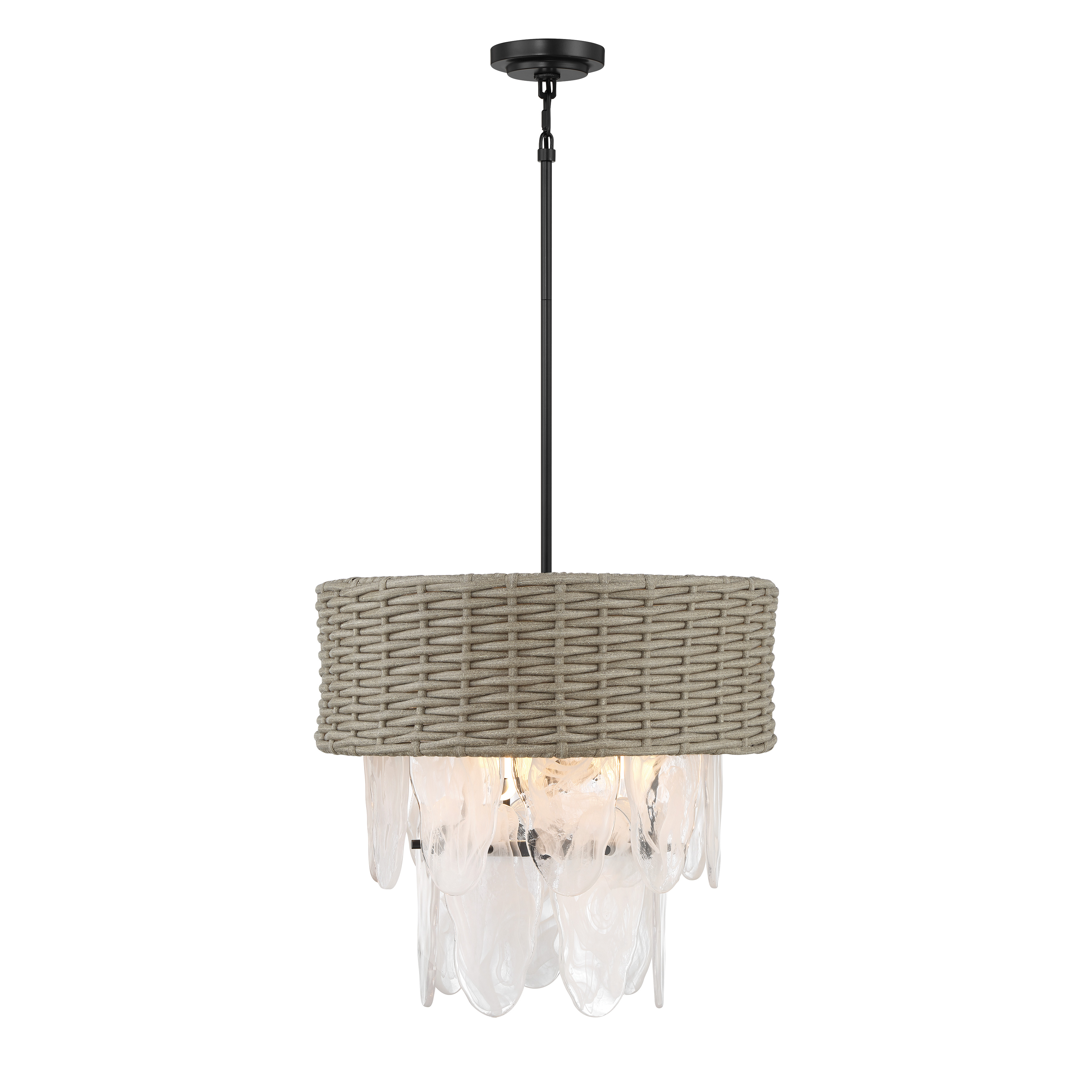 The Breakers Isle brings relaxed coastal elegance with its handwoven rattan shade and coal black finish. Six candelabra bulbs provide ample illumination through white swirl glass diffusers, while the convertible design adapts to various ceiling heights. - alternate view