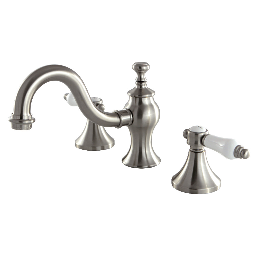 Two-Handle 3-Hole Deck Mount Widespread Bathroom Faucet with Brass Pop-Up, Brushed Nickel