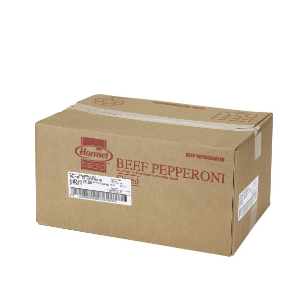 HORMEL(r) Pepperoni, Beef, 14 slices per oz, 2/12.5 lb . C1RA - Front Right Closed Case (Hi Res)