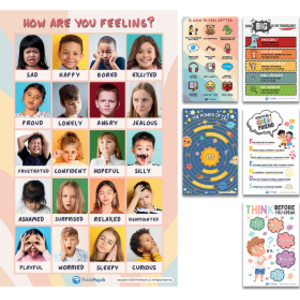 Laminated Feelings & Life Skills Posters for Kids, 11" x 17", English & Spanish, Set of 6