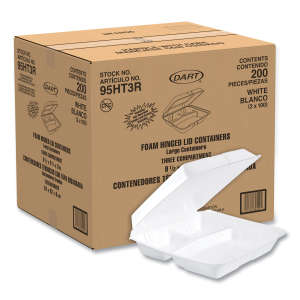 Dart, Foam Hinged Lid Containers, 3-Compartment, 9.25" x 9.5" x 3", White