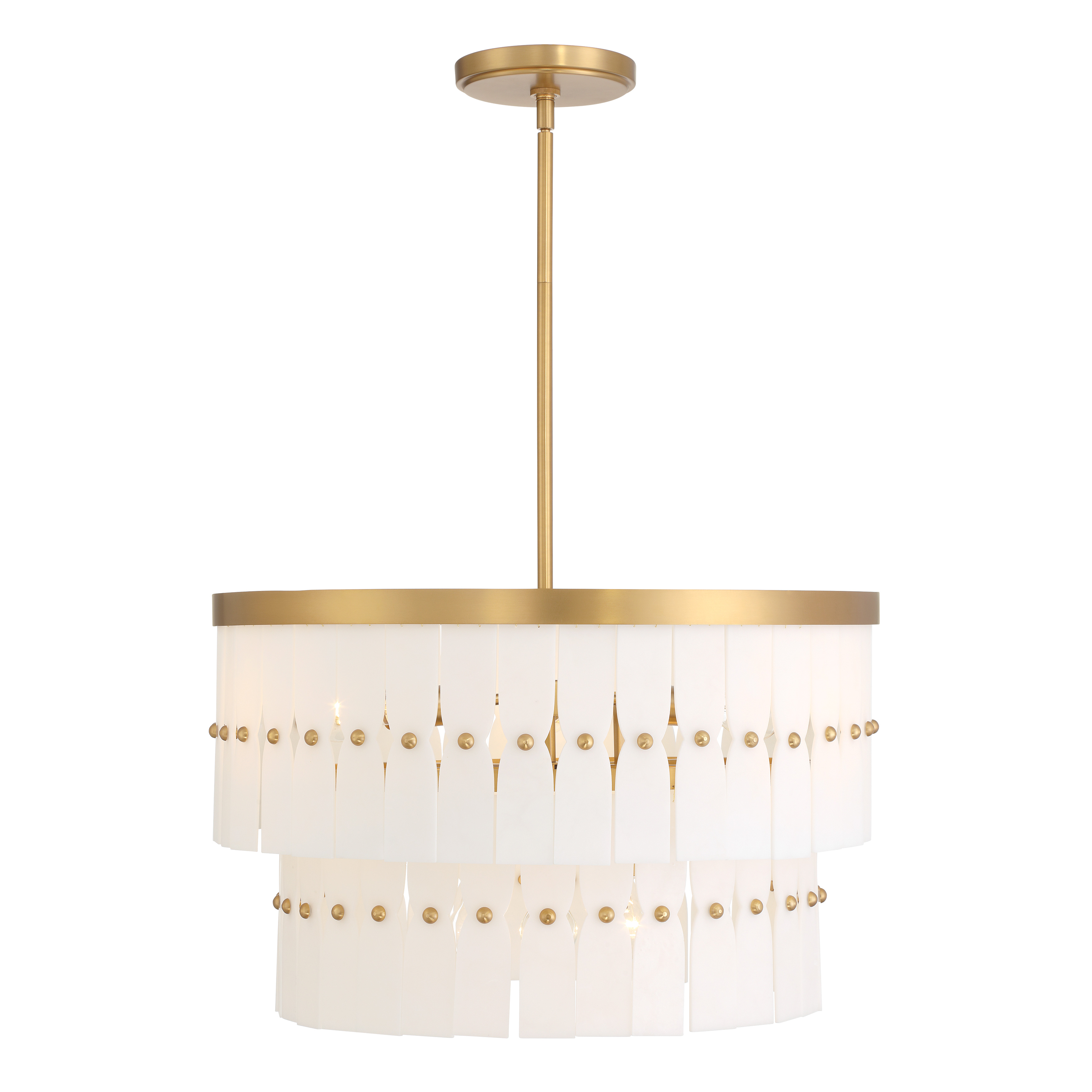 The Coronelle pendant combines classic brass warmth with soft alabaster diffusion, creating sophisticated ambient lighting. Its 26-inch span and 6-light configuration provide substantial illumination for dining and gathering spaces. - alternate view