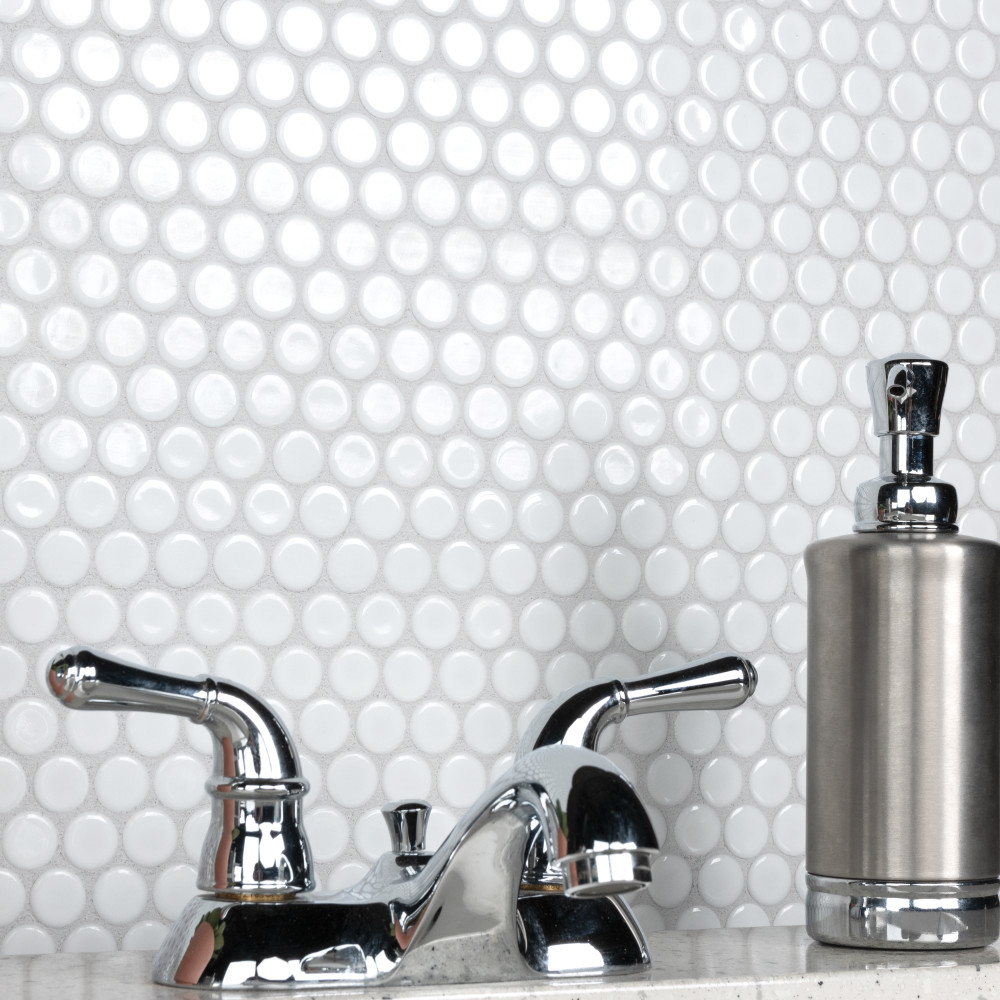 Hudson Penny Round Glossy White 11-7/8 in. x 12-5/8 in. Porcelain Mosaic Tile
