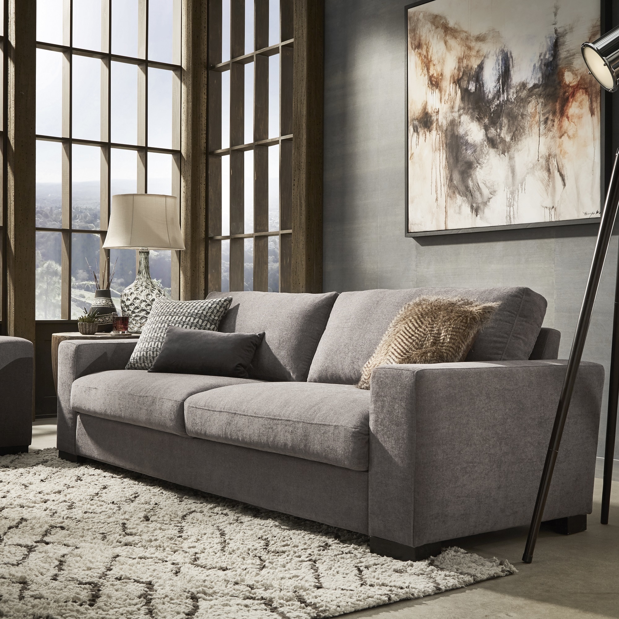Grey Fabric Down-Feather Filled Extra Long Sofa