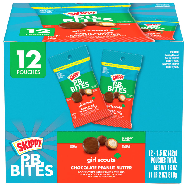 SKIPPY(r) P.B. Bites Chocolate Peanut Butter, 1.5 oz. Pouch . C1C1 - Front Center In Package (Hi Res)