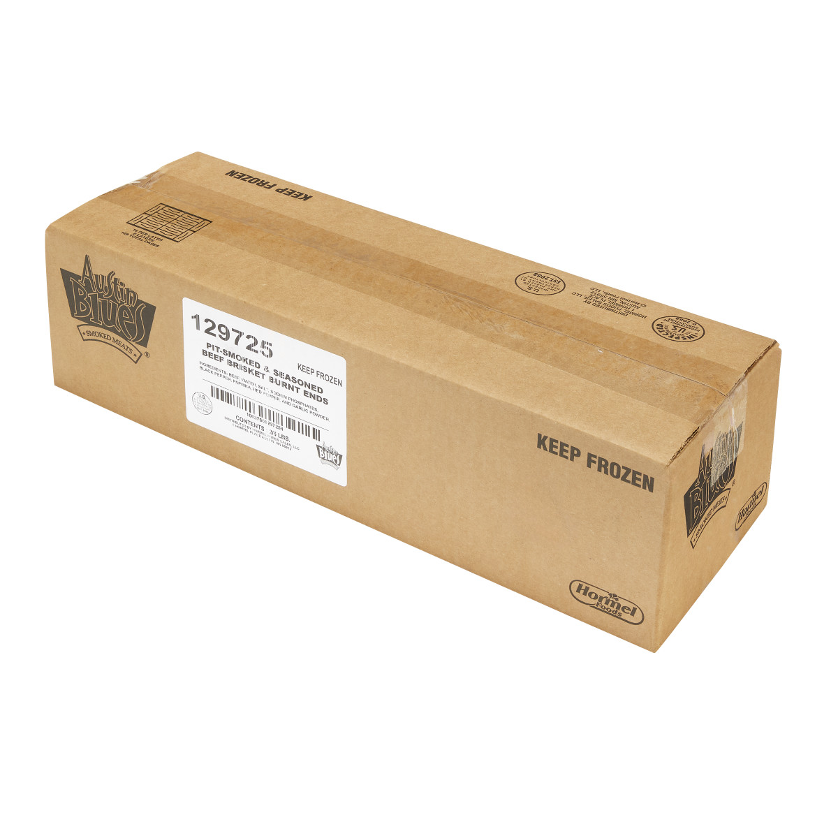 AUSTIN BLUES(r) Pit Smoked Beef Brisket Burnt Ends, 2/5 lb . C1RA - Front Right Closed Case (Hi Res)