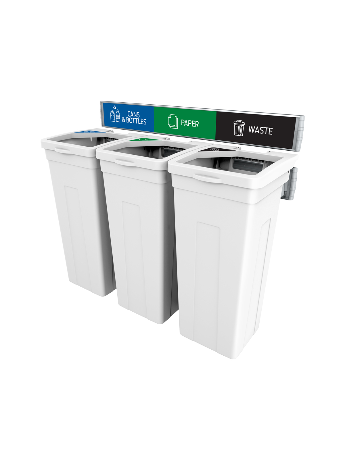 Busch Systems Rise Series White triple body with lid sign frame and cans & bottles paper and waste signs and labels
