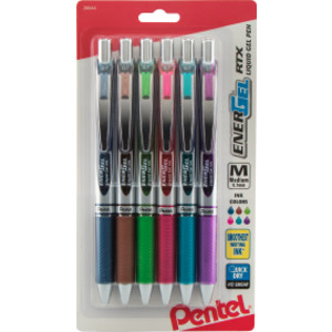 EnerGel RTX Retractable Liquid Gel Pen, (0.7mm) Metal Tip, Medium Line, Assorted Ink (CA/E/K/P/S3/V), 6-Pk