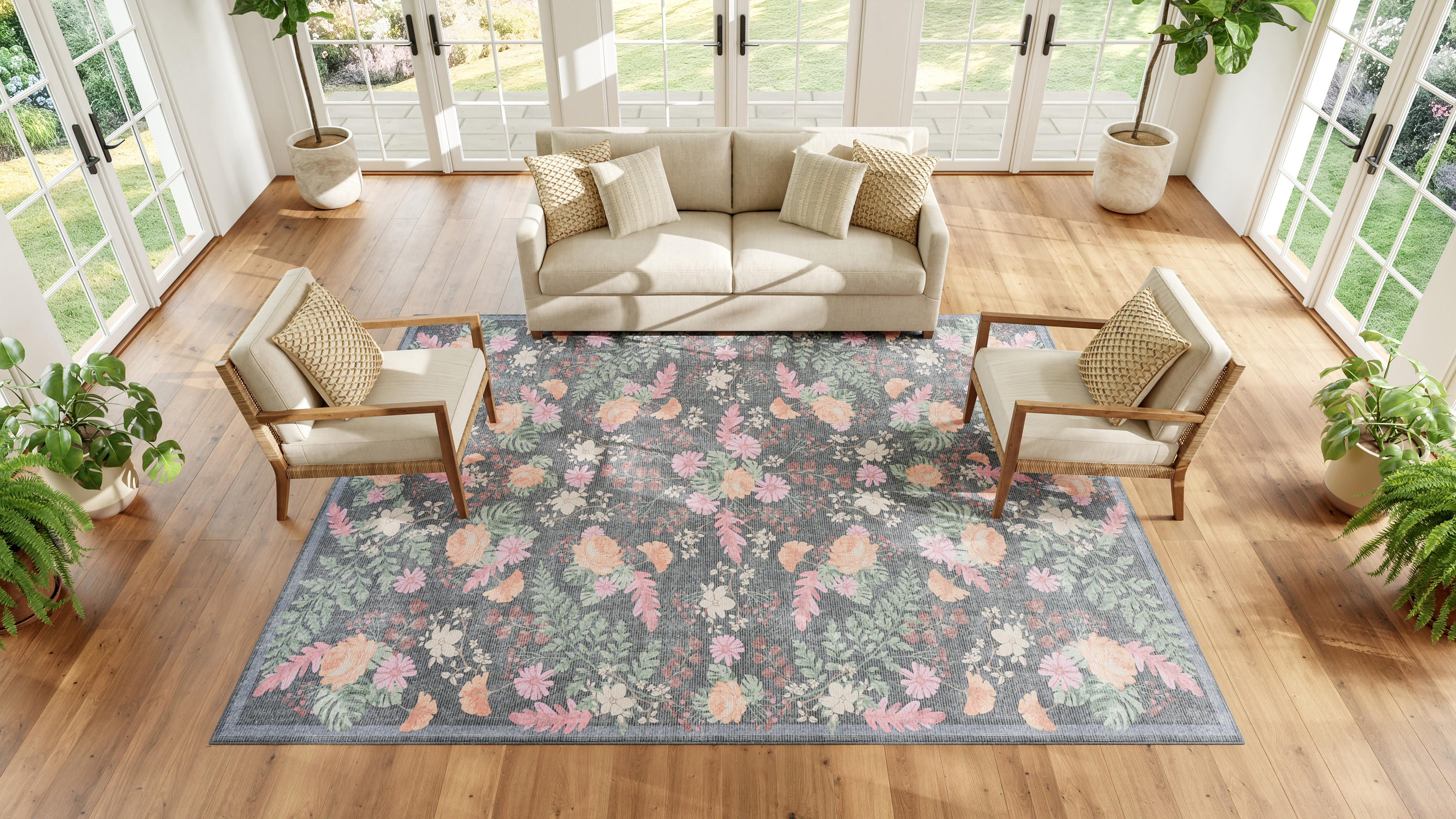 Nourison Botanical Washables 7'6" x 9'10" Charcoal Multicolor Farmhouse Indoor Rug