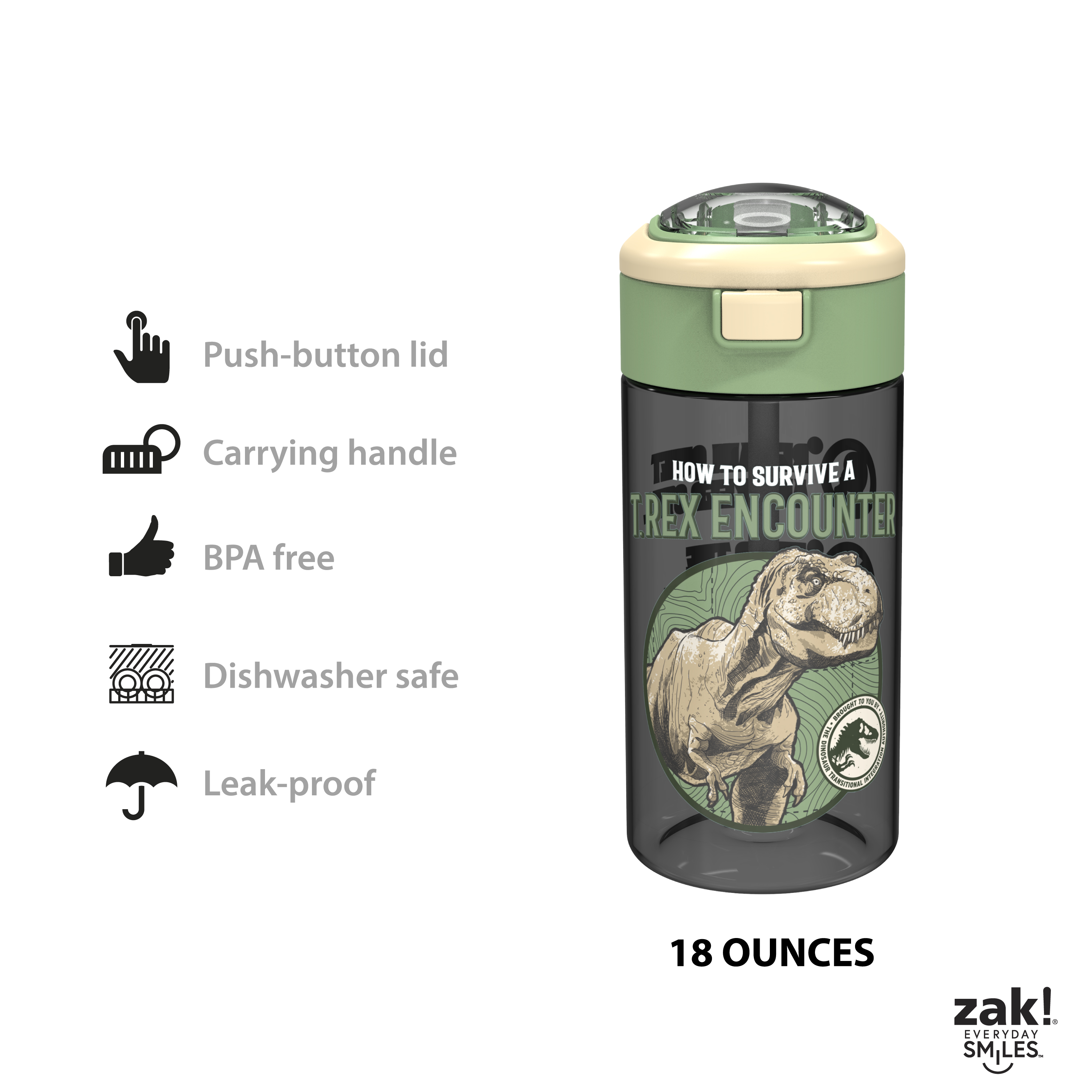 Jurassic World Dominion 18 ounce Reusable Plastic Water Bottle with Push-button lid, How to Survive a T-Rex Encounter, 2-piece set slideshow image 9