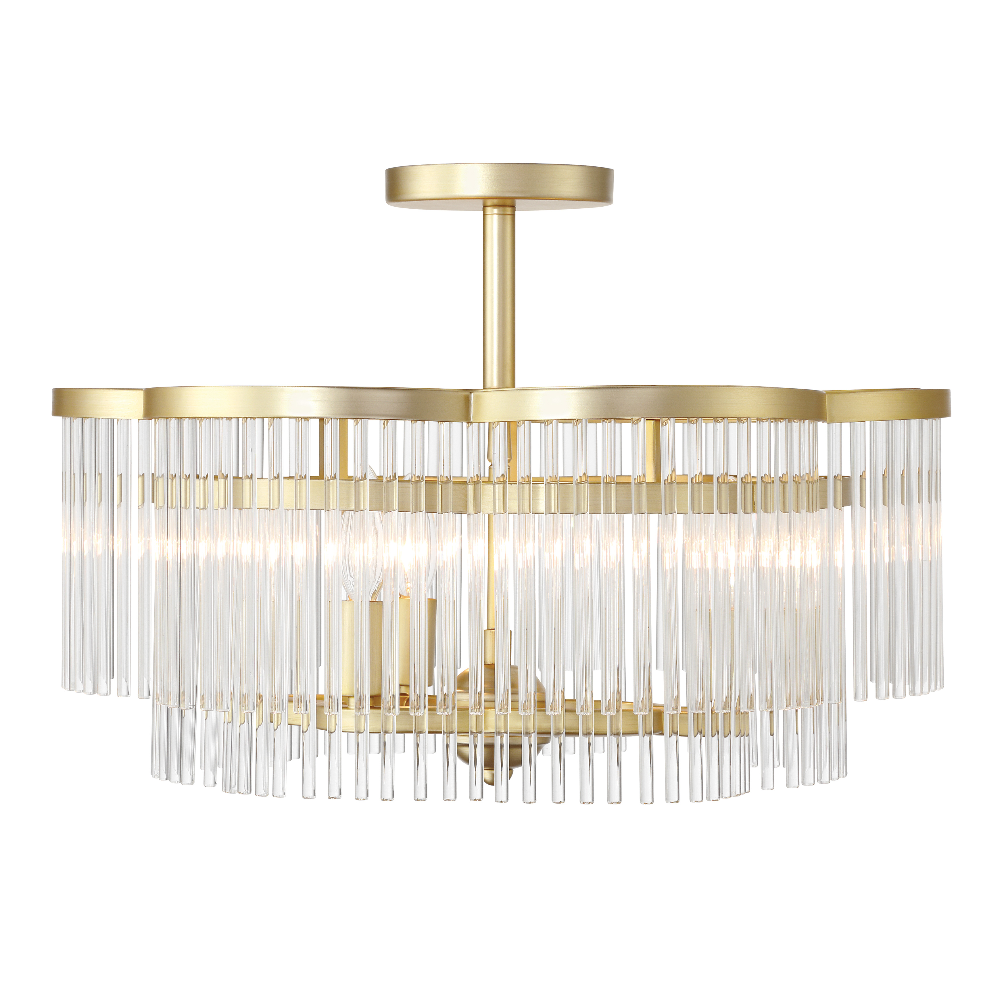 The Azura semi-flush mount combines contemporary styling with timeless brass finish and prismatic crystal rods. Its compact 20-inch width makes it ideal for smaller spaces while delivering sophisticated illumination. - alternate view