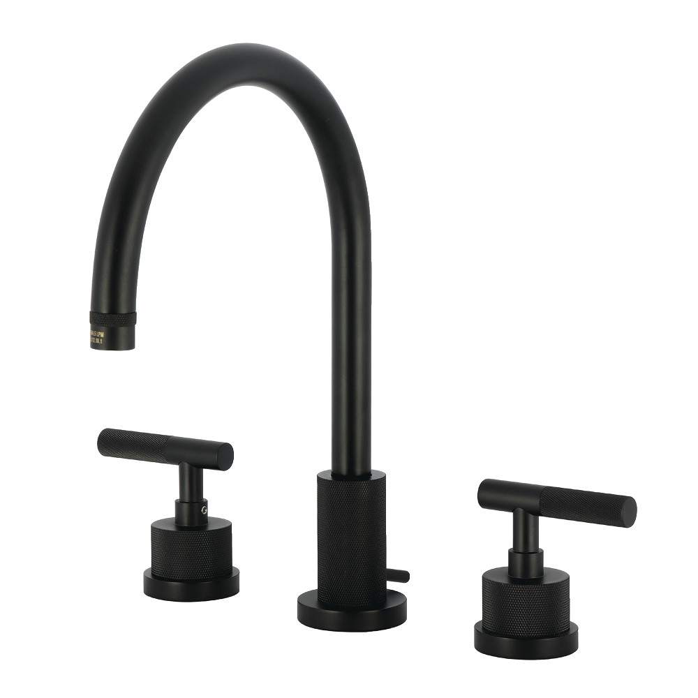 Two Handle 3-Hole Deck Mount Widespread Bathroom Faucet with Knurled Handle and Brass Pop-Up, Matte Black with 5 Finish Options