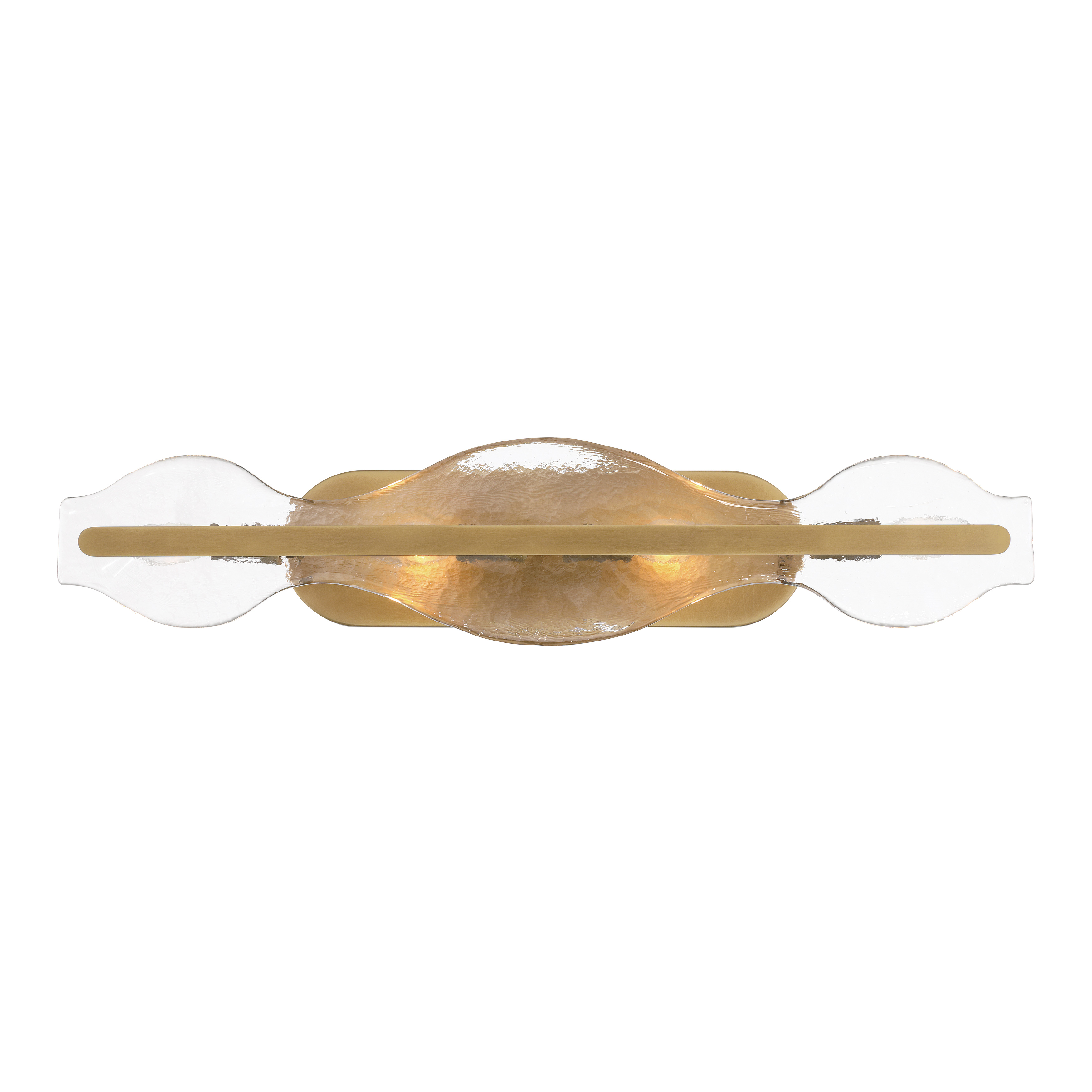 The Elora vanity light combines modern sophistication with artisanal craftsmanship. Its 28-inch span provides excellent illumination for medium to large vanities, while the Legacy Brass finish and textured handmade glass shades add warmth and visual interest to any bathroom. - alternate view