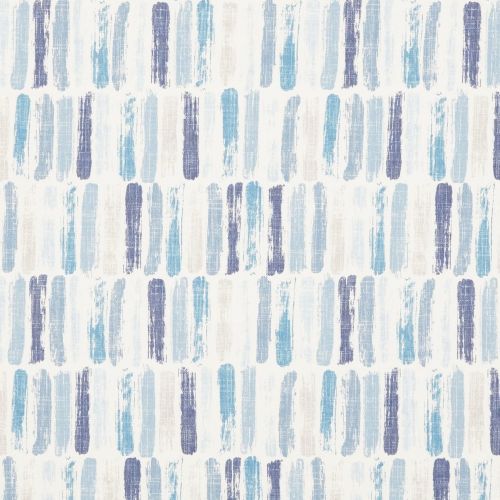 Repeating vertical brushstroke pattern on wallpaper or fabric: staggered textured blue, navy, and pale gray strokes forming rhythmic columns on a white background in diffuse light.