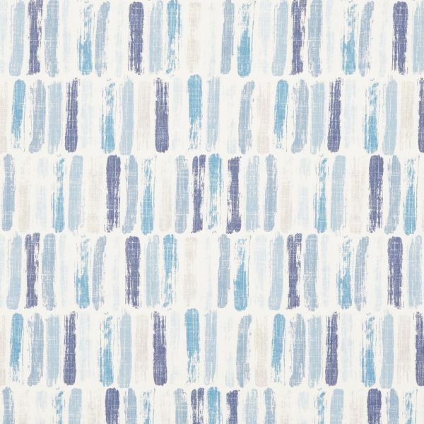 Repeating vertical brushstroke pattern on wallpaper or fabric: staggered textured blue, navy, and pale gray strokes forming rhythmic columns on a white background in diffuse light.
