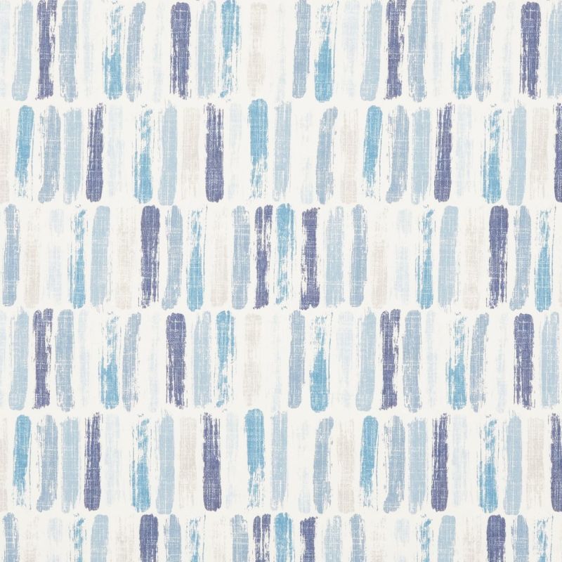 Repeating vertical brushstroke pattern on wallpaper or fabric: staggered textured blue, navy, and pale gray strokes forming rhythmic columns on a white background in diffuse light.