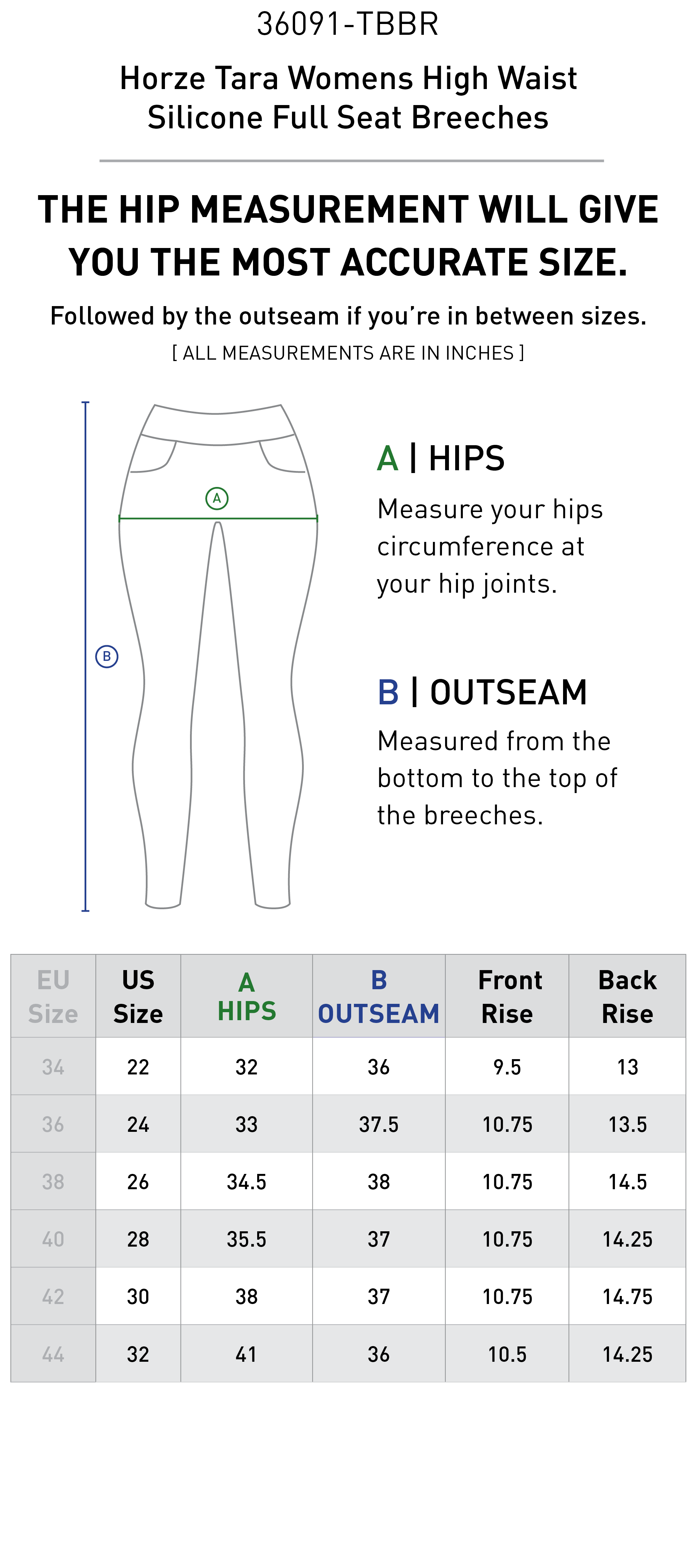 Size chart for Horze Tara Womens High Waist Silicone Full Seat Breeches - Tobacco Brown