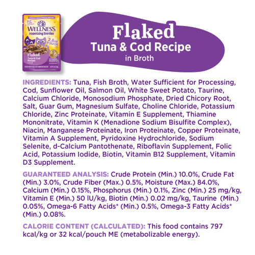 Tuna, Fish Broth, Water Sufficient for Processing, Cod, Sunflower Oil, Salmon Oil, White Sweet Potato, Taurine, Calcium Chloride, Monosodium Phosphate, Dried Chicory Root, Salt, Guar Gum, Magnesium Sulfate, Choline Chloride, Potassium Chloride, Zinc Proteinate, Vitamin E Supplement, Thiamine Mononitrate, Vitamin K (Menadione Sodium Bisulfite Complex), Niacin, Manganese Proteinate, Iron Proteinate, Copper Proteinate, Vitamin A Tuna, Fish Broth, Water Sufficient for Processing, Cod, Sunflower Oil, Salmon Oil, White Sweet Potato, Taurine, Calcium Chloride, Monosodium Phosphate, Dried Chicory Root, Salt, Guar Gum, Magnesium Sulfate, Choline Chloride, Potassium Chloride, Zinc Proteinate, Vitamin E Supplement, Thiamine Mononitrate, Vitamin K (Menadione Sodium Bisulfite Complex), Niacin, Manganese Proteinate, Iron Proteinate, Copper Proteinate, Vitamin A Supplement, Pyridoxine Hydrochloride, Sodium Selenite, d-Calcium Pantothenate, Riboflavin Supplement, Folic Acid, Potassium Iodide, Biotin, Vitamin B12 Supplement, Vitamin D3 Supplement.B5