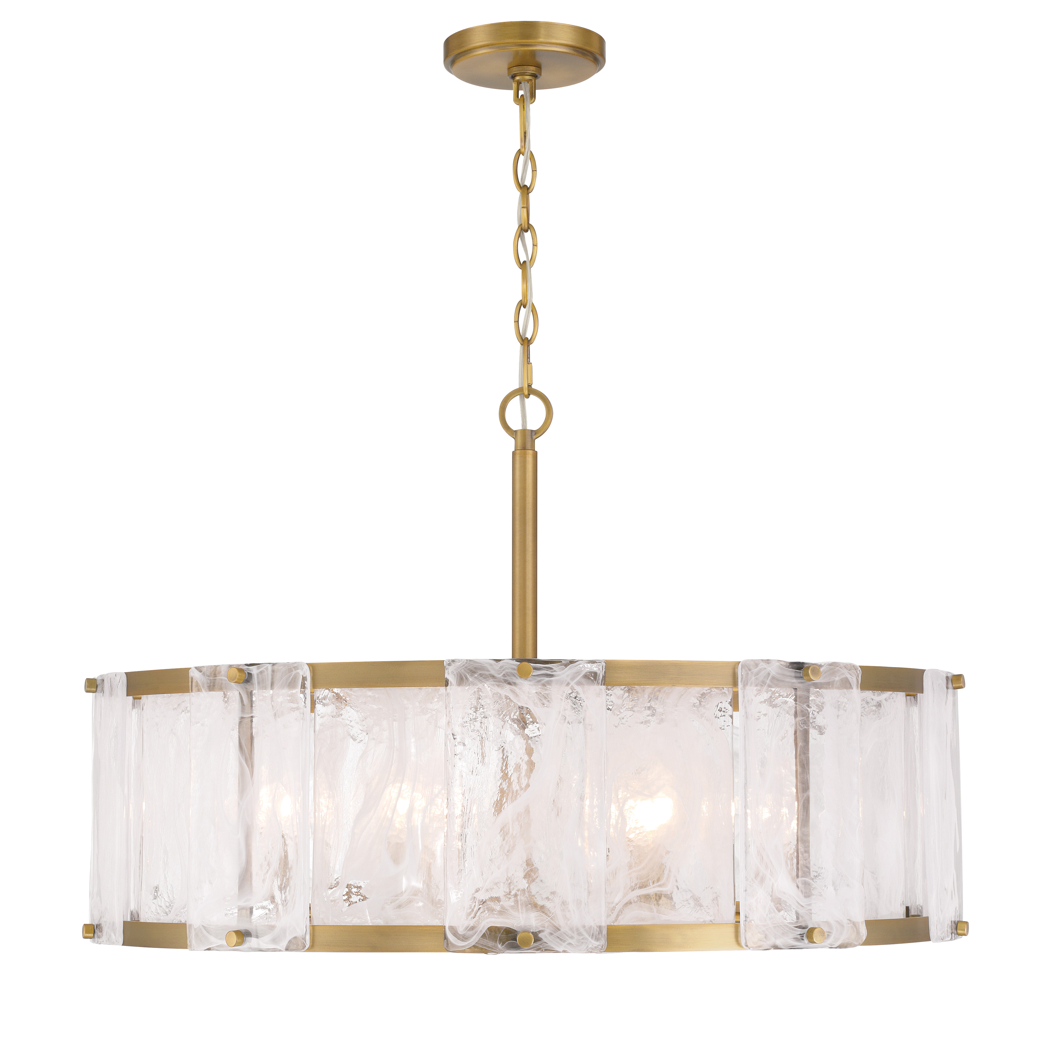 The Veil pendant combines warm Legacy Brass finish with distinctive white swirl glass shades, creating a sophisticated transitional fixture. At 28 inches wide, it provides substantial presence while the 6-light configuration delivers excellent illumination for dining and gathering spaces. - alternate view