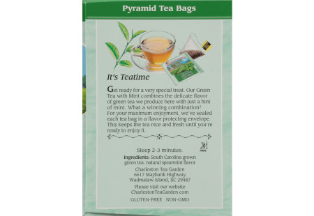 Top of Charleston Tea Garden Green Tea with Mint Tea box