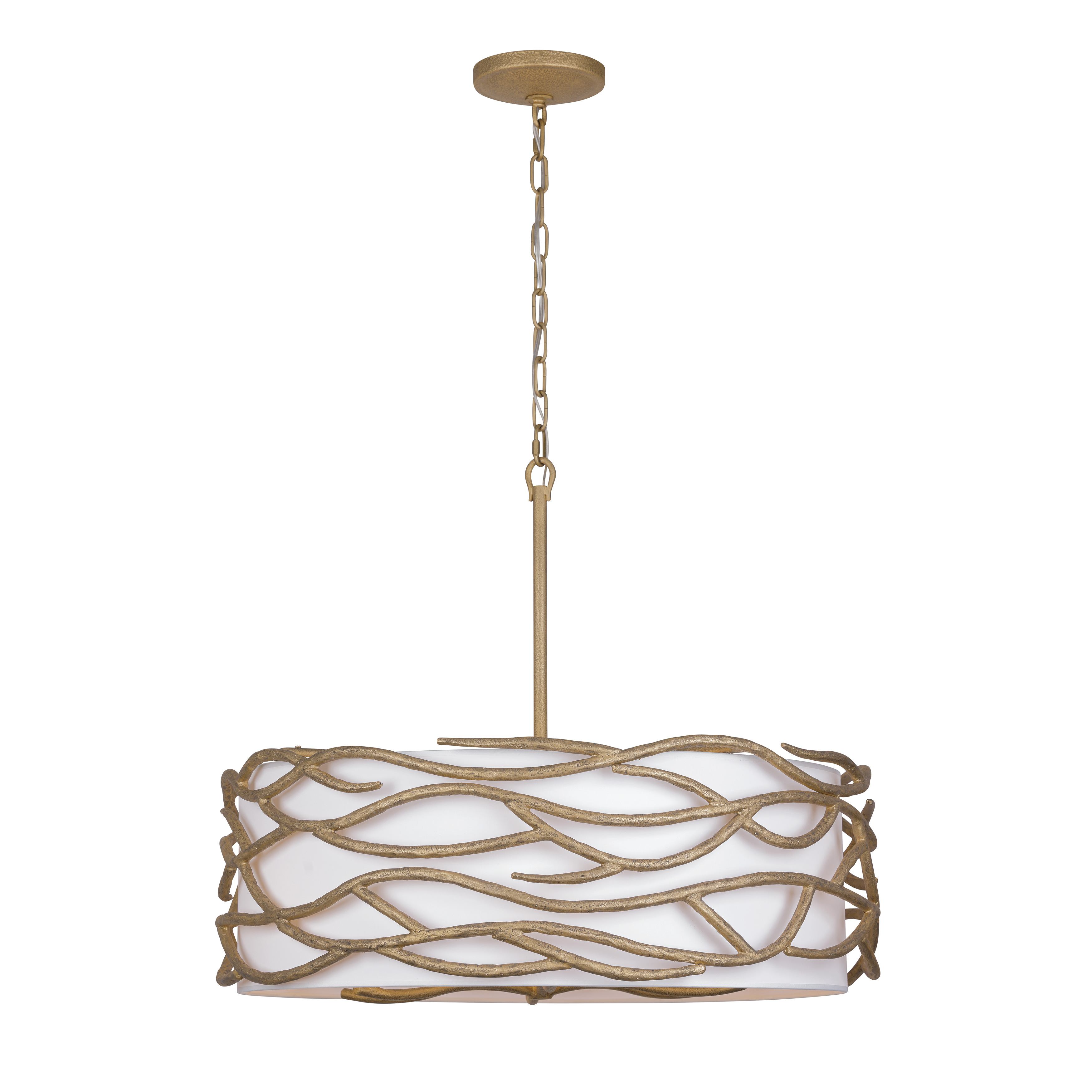 The Branch Reality pendant combines contemporary design with transitional warmth through its Ashen Gold finish and white fabric shade. Six candelabra bulbs provide ample illumination while the 28-inch width makes it versatile for medium-sized spaces. - alternate view