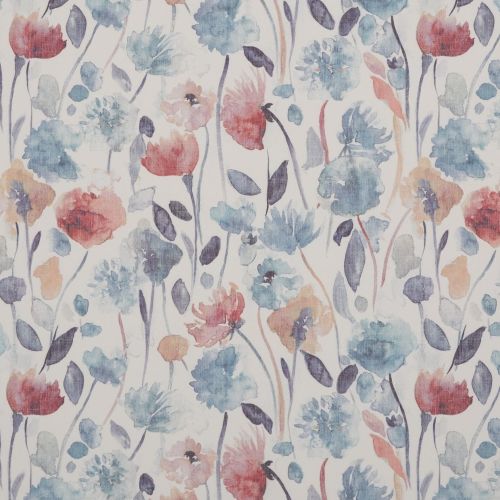 Watercolor floral wallpaper: repeating pattern of pastel blue, coral and peach blooms with slender stems and dark leaves, printed flat and evenly lit as a decorative fabric sample.