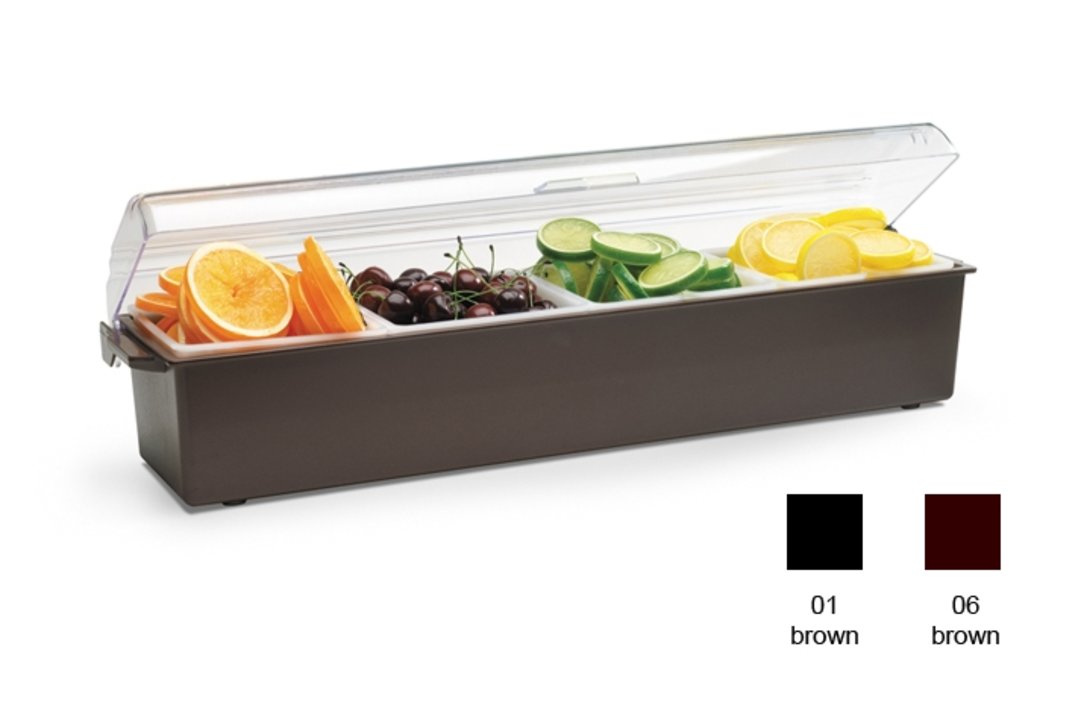 Traex® Kondi-Keeper™ plastic condiment dispenser in brown with four 1-quart inserts