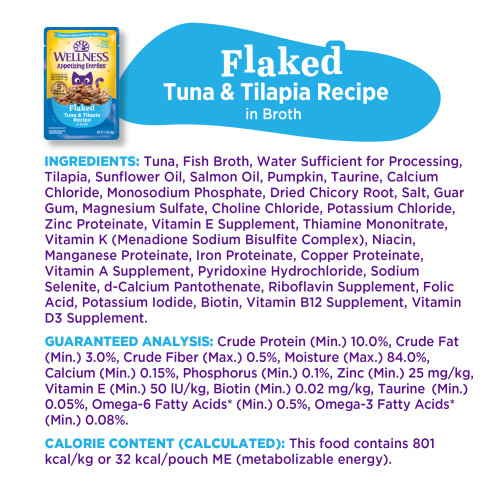 Tuna, Fish Broth, Water Sufficient for Processing, Tilapia, Sunflower Oil, Salmon Oil, Pumpkin, Taurine, Calcium Chloride, Monosodium Phosphate, Dried Chicory Root, Salt, Guar Gum, Magnesium Sulfate, Choline Chloride, Potassium Chloride, Zinc Proteinate, Vitamin E Supplement, Thiamine Mononitrate, Vitamin K (Menadione Sodium Bisulfite Complex), Niacin, Manganese Proteinate, Iron Proteinate, Copper Proteinate, Vitamin A Supplement, Pyridoxine Hydrochloride, Sodium Selenite, d-Calcium Pantothenate, Riboflavin Supplement, Folic Acid, Potassium Iodide, Biotin, Vitamin B12 Supplement, Vitamin D3 Supplement.
