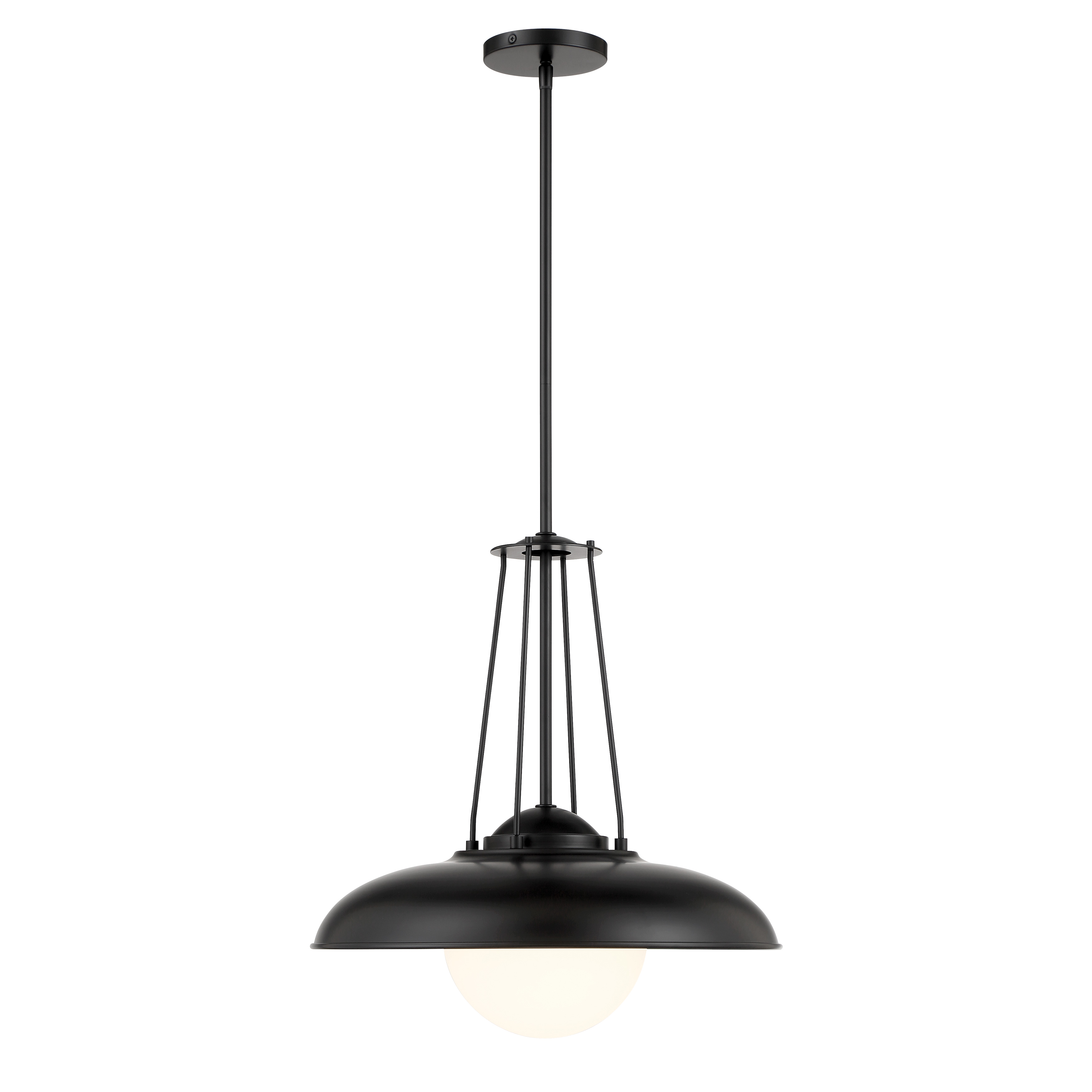 The Schooner Ridge pendant combines clean modern lines with industrial charm. Its 18-inch etched opal glass shade provides soft, even illumination while the coal black finish adds contemporary sophistication to any space. - alternate view