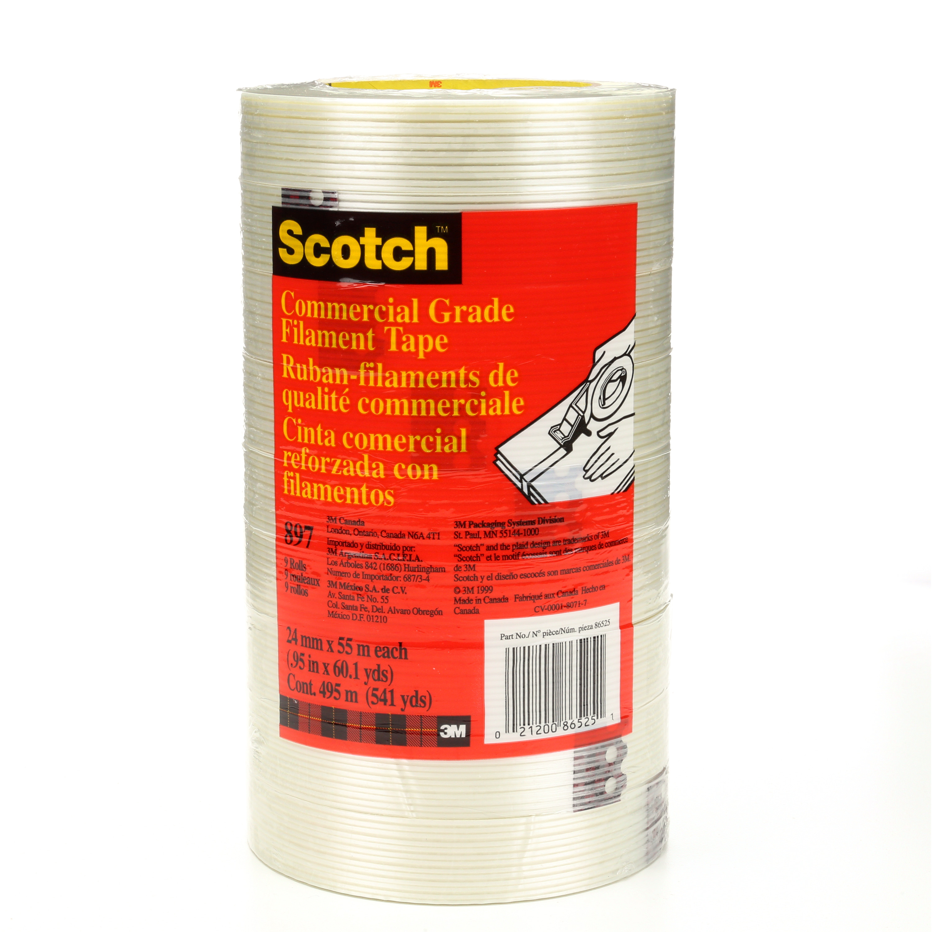 Scotch® Filament Tape 897, Clear, 24 mm x 55 m, 5 mil, 36 rolls per case