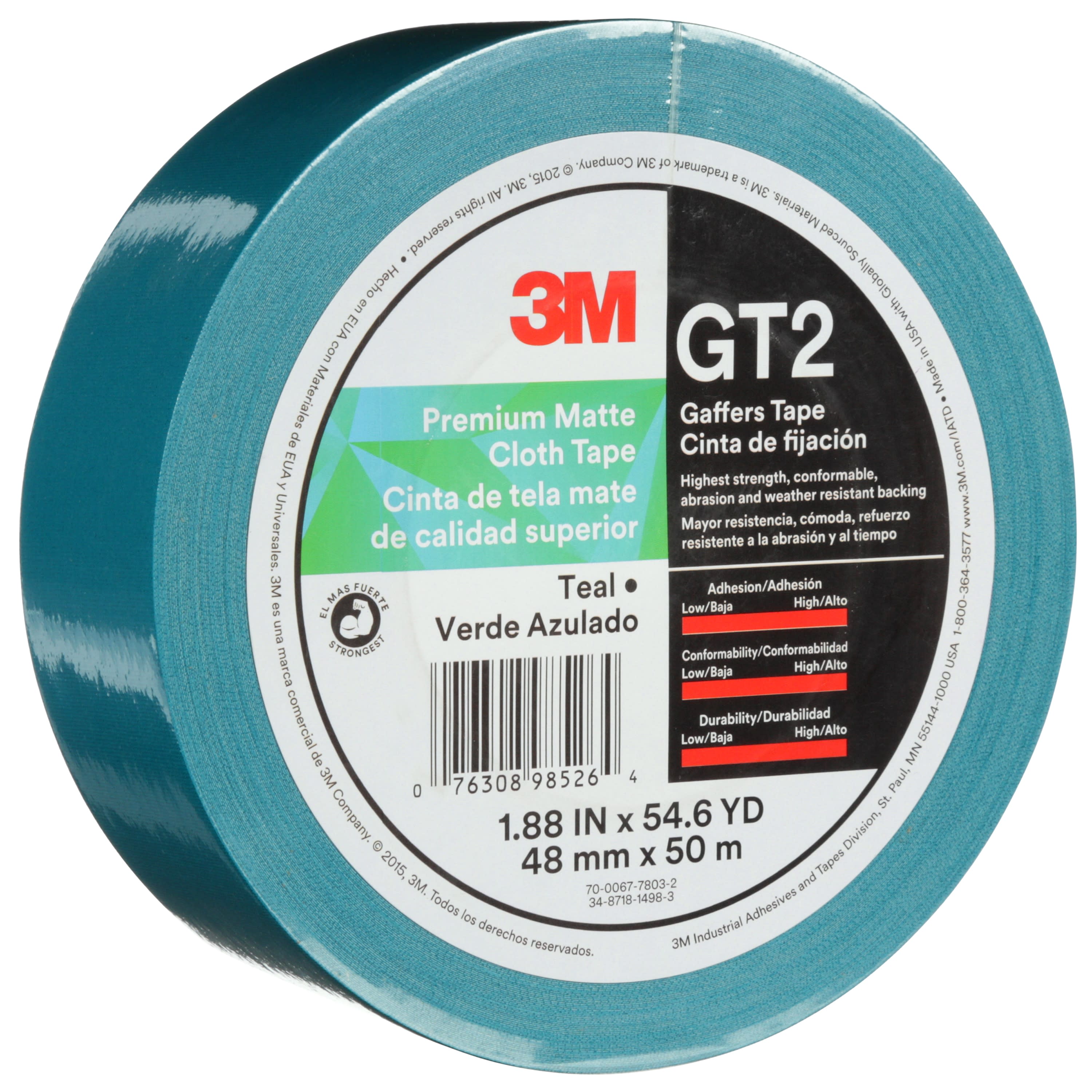 3M™ Premium Matte Cloth (Gaffers) Tape GT2, Teal, 48 mm x 50 m, 11 mil,
24 per case