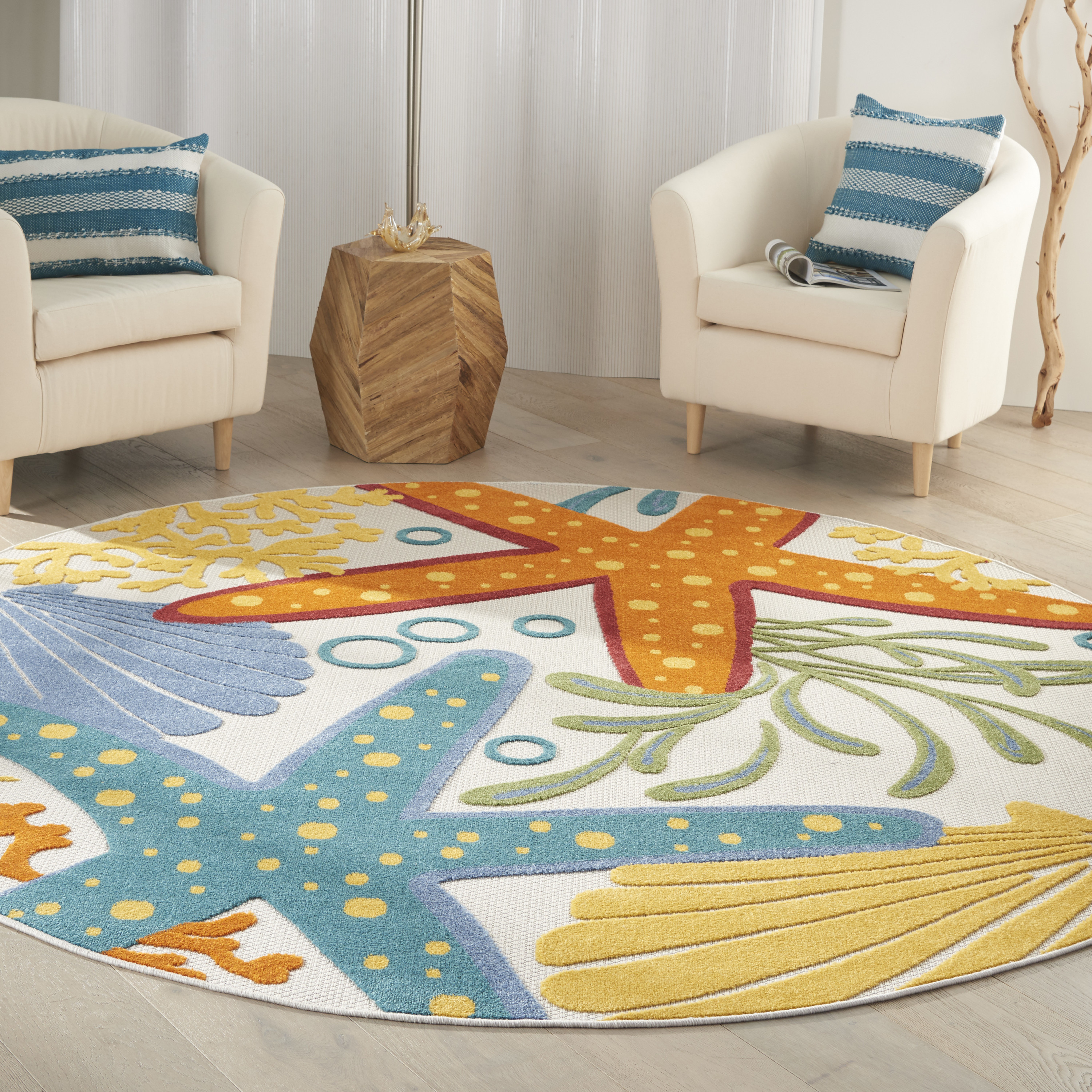 Nourison Aloha 7'10" x Round Multicolor Coastal, Nautical & Beach Rug