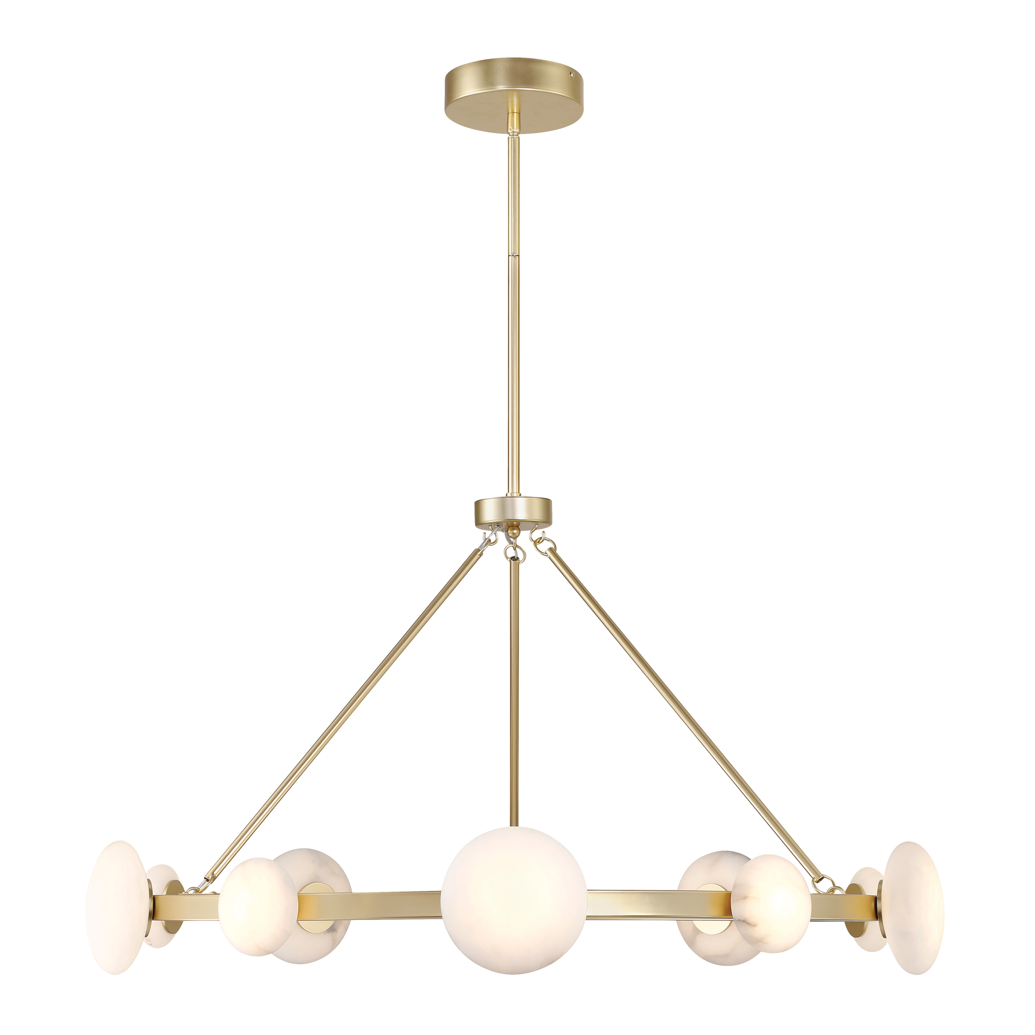 The Zill 10-Light Chandelier combines contemporary elegance with natural materials. Its 42-inch linear design features warm Lily Gold finish paired with genuine alabaster shades, creating sophisticated ambient lighting perfect for modern dining spaces. - alternate view