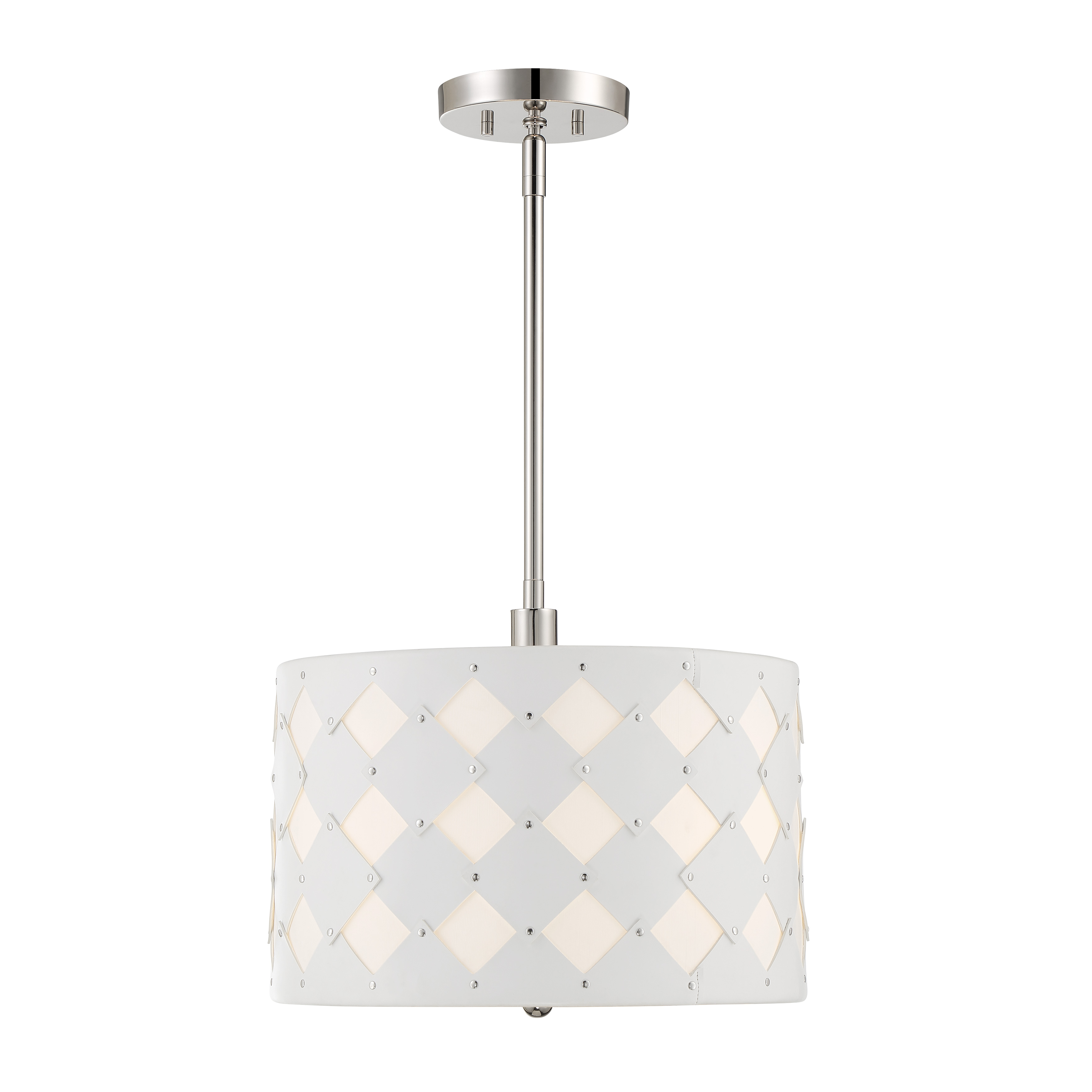 The Patchwork pendant combines white fabric with faux leather accents in a polished nickel frame, creating a refined contemporary look. At 16 inches wide, it provides substantial presence while maintaining versatility across residential and hospitality settings. - alternate view