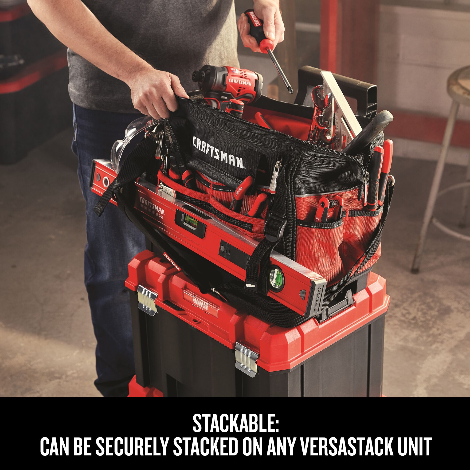 Graphic of CRAFTSMAN Storage: Versastack highlighting product features