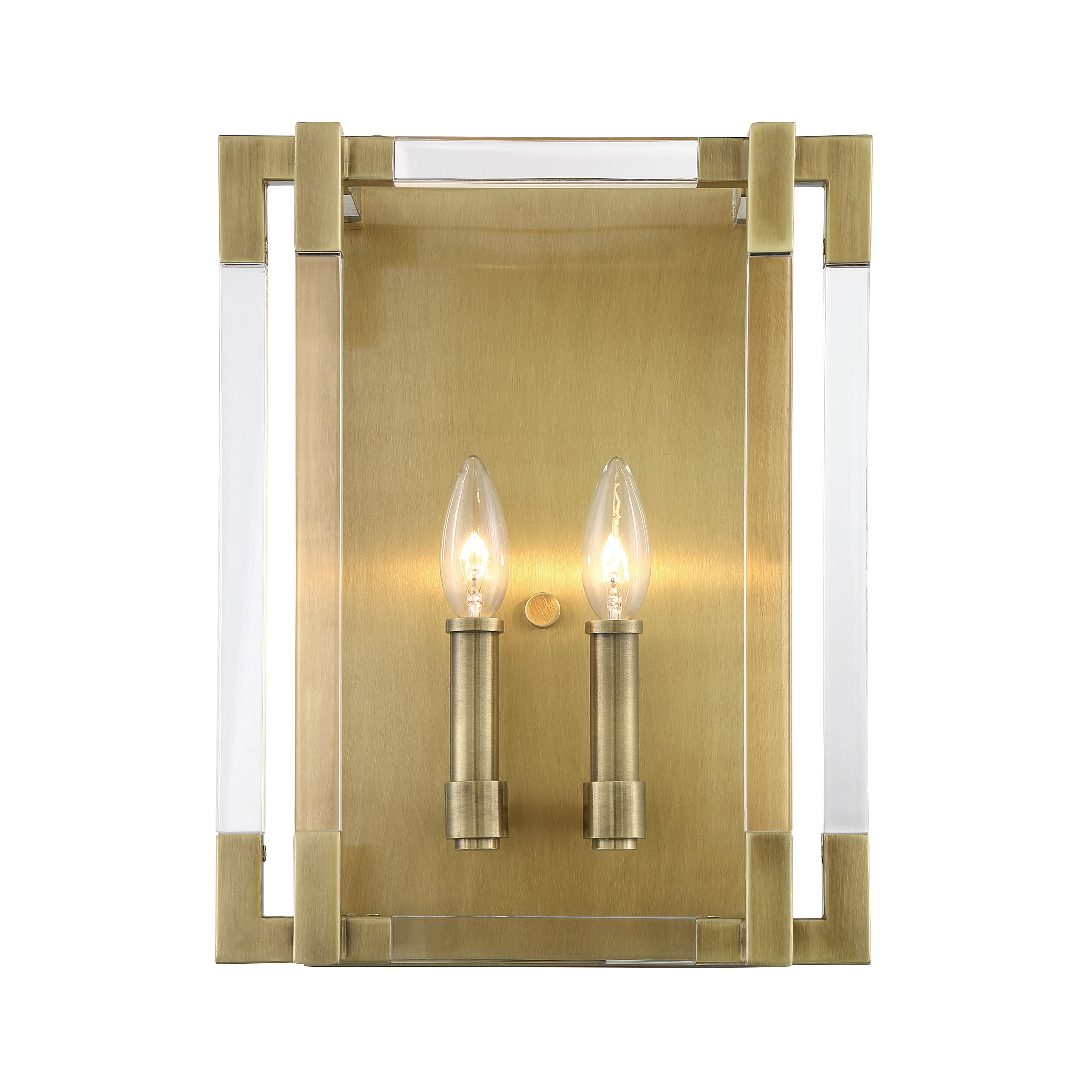 The Prima Vista 2-Light Wall Sconce combines classic elegance with contemporary simplicity. Its aged antique brass finish and acrylic diffuser create a warm, sophisticated glow perfect for bathrooms and hallways. - alternate view