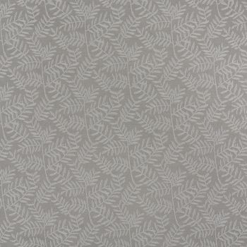 Textured grey wallpaper with repeating white fern-leaf motif; covers the surface uniformly; creates a subtle botanical, neutral-toned decorative backdrop in soft, even lighting.