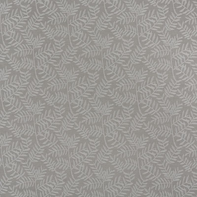 Textured grey wallpaper with repeating white fern-leaf motif; covers the surface uniformly; creates a subtle botanical, neutral-toned decorative backdrop in soft, even lighting.