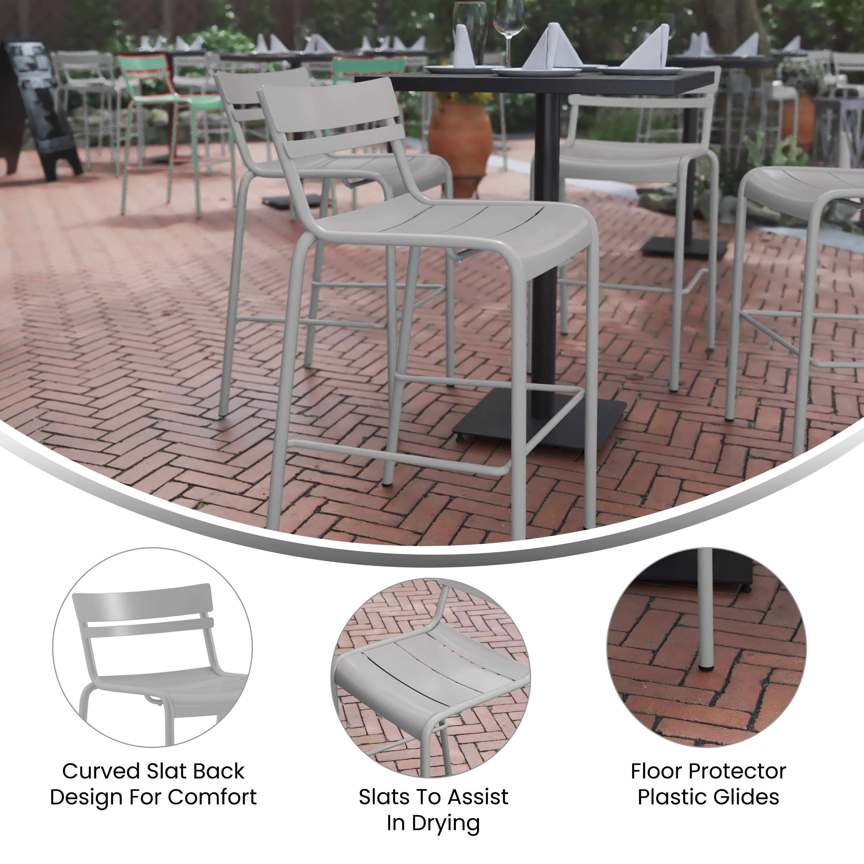 Nash Commercial Grade Silver Metal Indoor-Outdoor Bar Height Stool with 2 Sla... - Picture 30 of 37