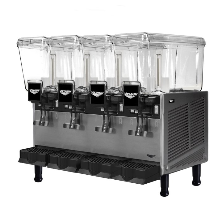 Refrigerated beverage dispenser with four 3.17-gallon bowls and stirring paddle bowl circulation