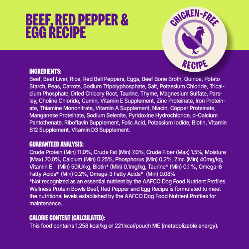 <p>Beef, Beef Liver, Rice, Red Bell Peppers, Eggs, Beef Bone Broth, Quinoa, Potato Starch, Peas, Carrots, Sodium Tripolyphosphate, Salt, Potassium Chloride, Tricalcium Phosphate, Dried Chicory Root, Taurine, Thyme, Magnesium Sulfate, Parsley, Choline Chloride, Cumin, Vitamin E Supplement, Zinc Proteinate, Iron Proteinate, Thiamine Mononitrate, Vitamin A Supplement, Niacin, Copper Proteinate, Manganese Proteinate, Sodium Selenite, Pyridoxine Hydrochloride, d-Calcium Pantothenate, Riboflavin Supplement, Folic Acid, Potassium Iodide, Biotin, Vitamin B12 Supplement, Vitamin D3 Supplement.</p>
