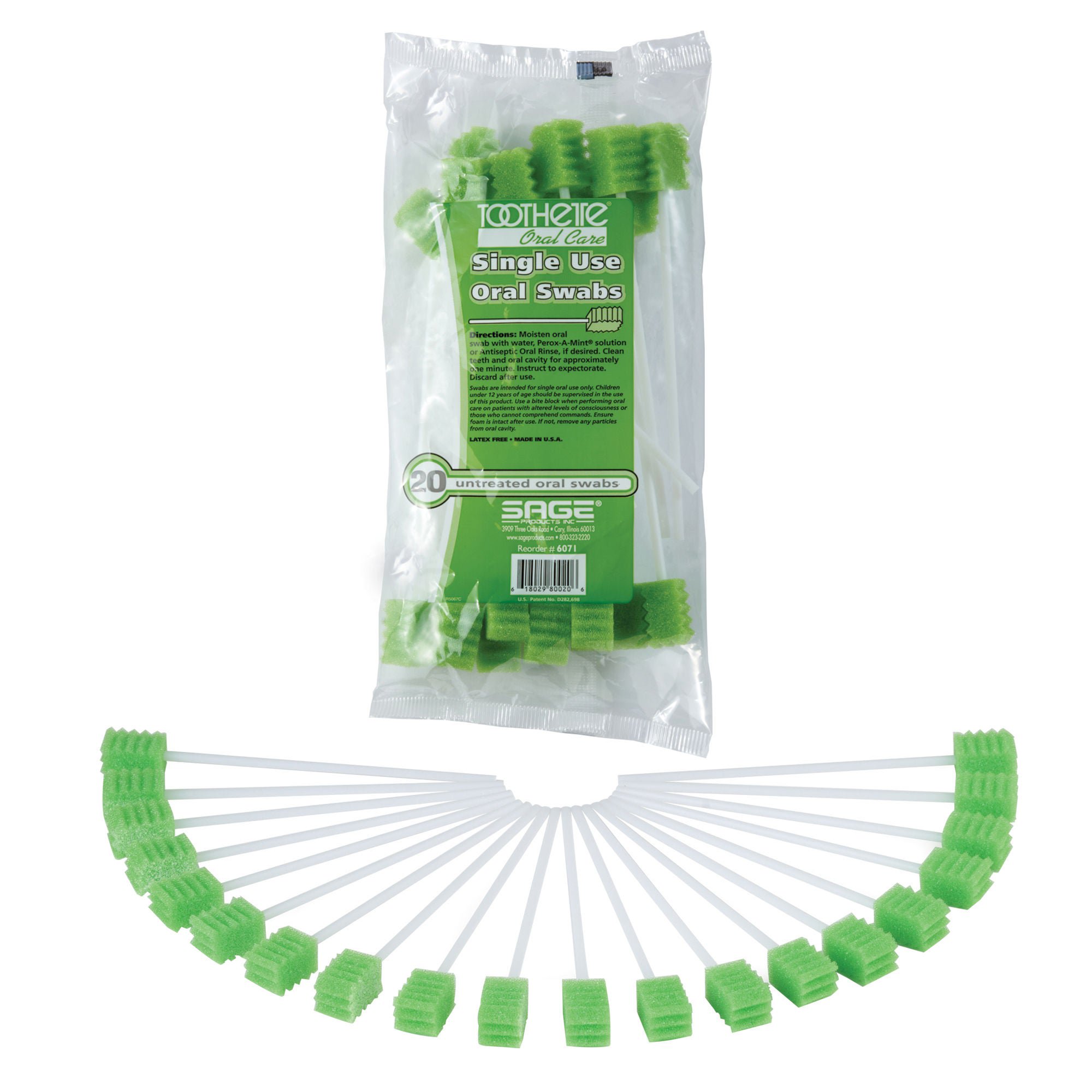 Toothette Plus Oral Swabsticks Foam Tip Untreated, 6-Inch Length, Green