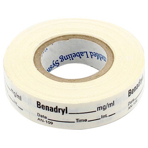 Benadryl Labels, White, Perforated Tape Style - 333/Roll
