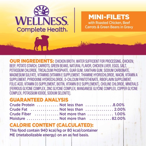 <p>Chicken Broth, Water Sufficient for Processing, Chicken, Beef, Potato Starch, Carrots, Green Beans, Natural Flavor, Chicken Liver, Eggs, Salt, Potassium Chloride, Tricalcium Phosphate, Guar Gum, Xanthan Gum, Sodium Carbonate, Magnesium Sulfate, Vitamins [Vitamin E Supplement, Thiamine Hydrochloride, Niacin, Vitamin A Supplement, Pyridoxine Hydrochloride, d-Calcium Pantothenate, Riboflavin Supplement, Folic Acid, Vitamin D3 Supplement, Biotin, Vitamin B12 Supplement], Choline Chloride, Minerals [Ferrous Glycine Complex, Zinc Glycine Complex, Manganese Glycine Complex, Copper Glycine Complex, Potassium Iodide, Sodium Selenite].</p>
