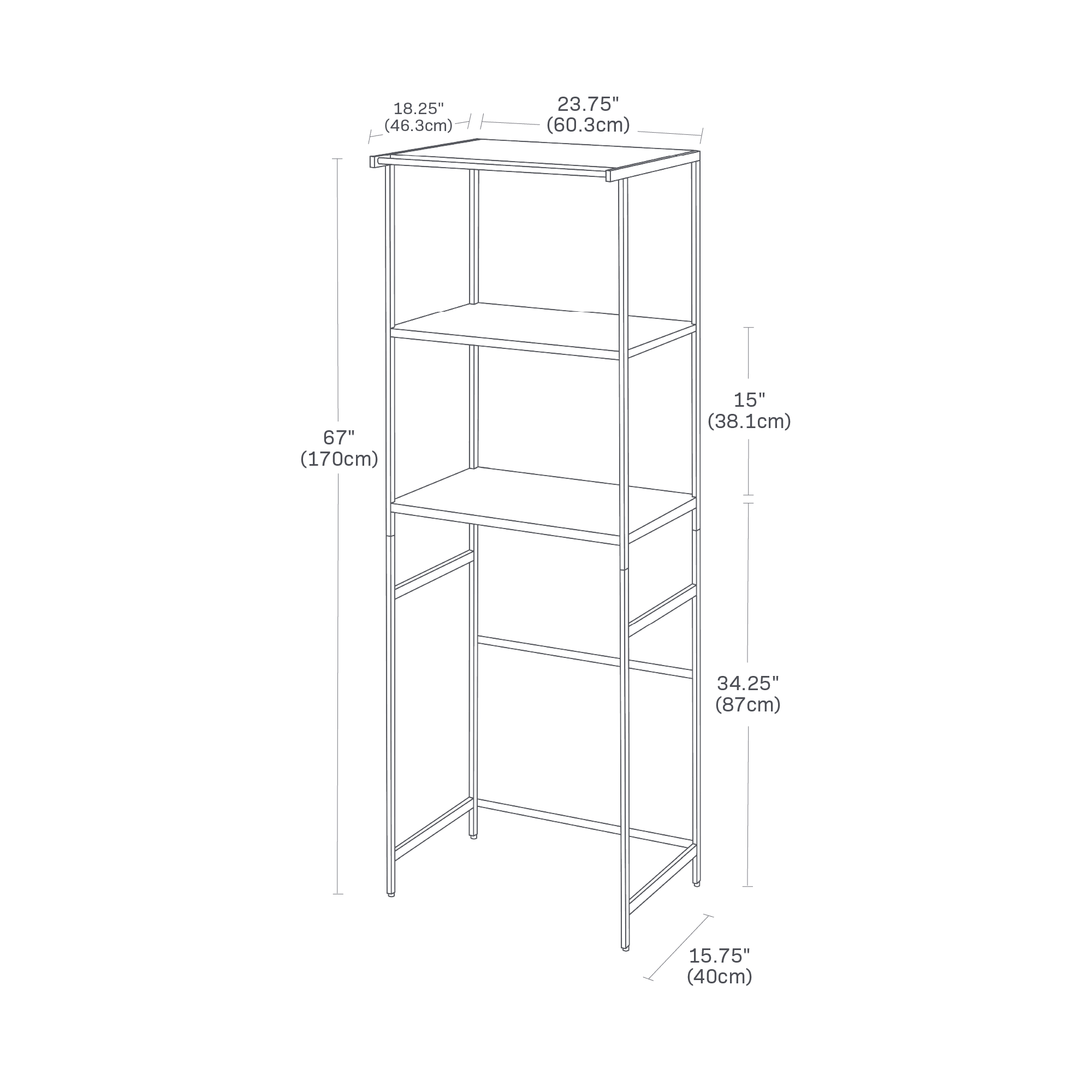 Dimension Image for Storage Rack on a white background showing height of 66.75 inches, total length of 18.25 inches, width of 23.75 inches, bottom width of 15.75 inches, 34.25 inches from floor to bottom rack, and 15 inches between middle racks.