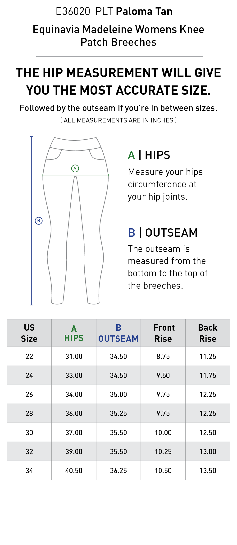 Size chart for Equinavia Madeleine Womens Knee Patch Breeches - Paloma Tan